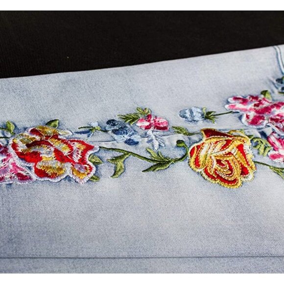 Light Wash Floral Embroidered Patch High Waisted Flare Bell Bottom Denim Jeans - Picture 6 of 8